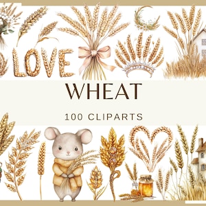 May include: A collection of watercolour illustrations featuring wheat. The image includes bouquets, wreaths, and individual wheat stalks. The word "LOVE" is spelled out with wheat. A mouse holds wheat, and a jar of honey is shown.