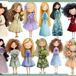 May include: A collection of watercolor illustrations of cartoon girls, each holding flowers. The girls have various hairstyles and wear dresses in shades of white, yellow, purple, blue, green, and red. The artwork has a whimsical and delicate style.
