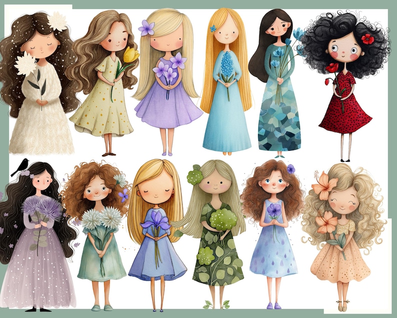 May include: A collection of watercolor illustrations of cartoon girls, each holding flowers. The girls have various hairstyles and wear dresses in shades of white, yellow, purple, blue, green, and red. The artwork has a whimsical and delicate style.