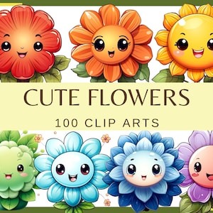 LINDAS FLORES KAWAII - 100 imágenes prediseñadas (300 dpi, flor, fondo transparente, paquete, digital, png, flores de arco iris, flores de dibujos animados)
