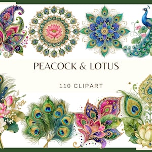 Peacock & Lotus: 110 PNG, 300 DPI Hindu Wedding Decor, Indian Botanical Mandala Art (Commercial Use, Digital)