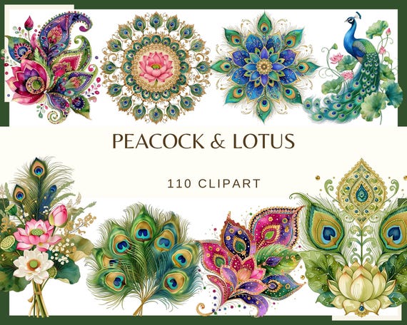 Peacock & Lotus: 110 PNG, 300 DPI Hindu Wedding Decor, Indian Botanical Mandala Art (Commercial Use, Digital)