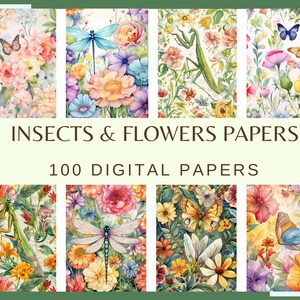 Papeles INSECTOS Y FLORES - 100 papeles digitales (no es un patrón repetible (no es continuo), 300 dpi, floral, mantis religiosa, libélula)