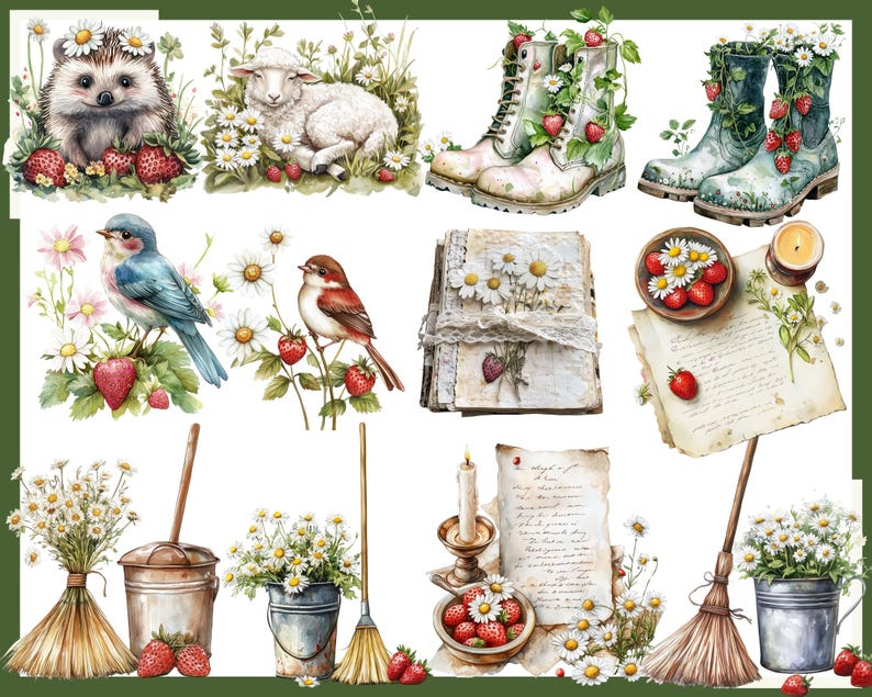 K&ouml;nnte beinhalten: Aquarellillustrationen mit rustikalem Cottagecore-Thema. Das Bild zeigt einen Igel, ein Lamm, V&ouml;gel, Stiefel und einen Besen, alle mit G&auml;nsebl&uuml;mchen und Erdbeeren verziert. Au&szlig;erdem Vintage-Papier und eine Kerze.