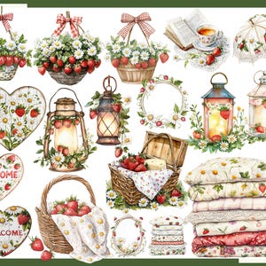 K&ouml;nnte beinhalten: Aquarellillustrationen von Erdbeeren und G&auml;nsebl&uuml;mchen schm&uuml;cken verschiedene Gegenst&auml;nde. K&ouml;rbe, Laternen und herzf&ouml;rmige Schilder sind mit den roten Fr&uuml;chten und wei&szlig;en Blumen gef&uuml;llt. Ein Picknickkorb, eine Teetasse und ein Regenschirm vervollst&auml;ndigen das Vintage-Design.