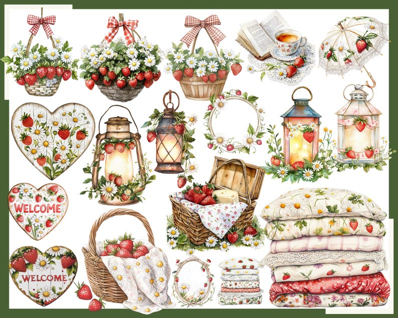 K&ouml;nnte beinhalten: Aquarellillustrationen von Erdbeeren und G&auml;nsebl&uuml;mchen schm&uuml;cken verschiedene Gegenst&auml;nde. K&ouml;rbe, Laternen und herzf&ouml;rmige Schilder sind mit den roten Fr&uuml;chten und wei&szlig;en Blumen gef&uuml;llt. Ein Picknickkorb, eine Teetasse und ein Regenschirm vervollst&auml;ndigen das Vintage-Design.
