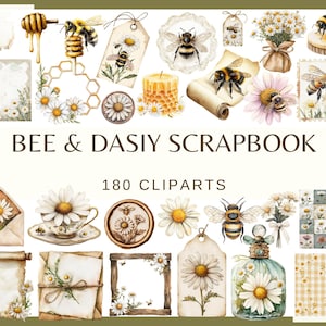 Pode incluir: Coleção de elementos de clip art em aquarela com abelhas, margaridas e desenhos de favos de mel. O texto diz "BEE & DASIY SCRAPBOOK" e "180 CLIPARTS". As ilustrações incluem etiquetas, flores e uma chávena.