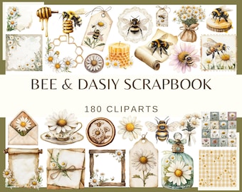 Clipart aquarelle de scrapbooking abeille et marguerite | Jolie fleur d'abeille 180 PNG 300 DPI pour carnets et travaux manuels (téléchargement numérique, usage commercial)