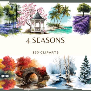Könnte beinhalten: Aquarellillustrationen der vier Jahreszeiten: Frühling, Sommer, Herbst und Winter. Die Bilder zeigen einen Wald mit Glockenblumen, einen Pavillon mit rosa Blüten, Palmen am Strand, ein Lavendelfeld, Schwäne auf einem See, eine Steinbrücke, einen verschneiten Bach und eine Hütte. Text: "4 SEASONS 150 CLIPARTS."
