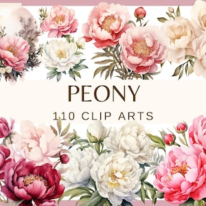 Op de afbeelding: Een verzameling van 110 aquarel illustraties van roze, witte en rode pioenen. PEONY 110 CLIP ARTS staat in bruine tekst op een beige achtergrond.