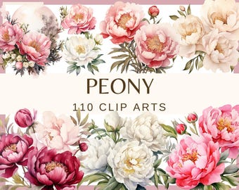 PEONY - 110 clip arts (300 dpi, commercial use bundle, digital transparent background, floral, wedding elements, junk journal, flowers, png)