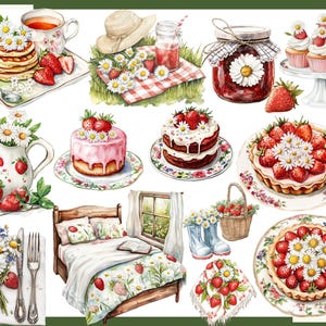 K&ouml;nnte beinhalten: Aquarellillustration mit Picknick-Motiven, darunter Pfannkuchen, Marmelade, Kuchen und Torten, alle mit Erdbeeren und G&auml;nsebl&uuml;mchen verziert. Ein Bett mit Erdbeerbettw&auml;sche, ein Strohhut und ein Blumenkorb sind ebenfalls enthalten.