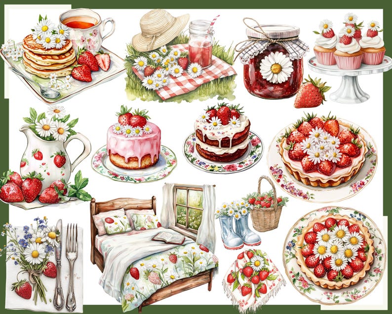 K&ouml;nnte beinhalten: Aquarellillustration mit Picknick-Motiven, darunter Pfannkuchen, Marmelade, Kuchen und Torten, alle mit Erdbeeren und G&auml;nsebl&uuml;mchen verziert. Ein Bett mit Erdbeerbettw&auml;sche, ein Strohhut und ein Blumenkorb sind ebenfalls enthalten.