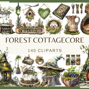 May include: A collection of 140 watercolour cliparts with a forest cottagecore theme. The image features illustrations of a cosy cottage, a hedgehog in a nest, a sleeping cat, a witch's hat, and other whimsical elements. The text "FOREST COTTAGECORE" is displayed.
