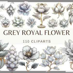 Puede incluir: Un conjunto de 110 imágenes de clipart floral gris y dorado. Las flores son de varios estilos, incluyendo rosas, lirios y peonías. El clipart es perfecto para agregar un toque de elegancia a cualquier proyecto.