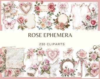 May include: A collection of watercolor rose-themed clip art elements. The image features roses, hearts, butterflies, envelopes, keys, and decorative frames in shades of pink, cream, and brown. Text reads "ROSE EPHEMERA" and "230 CLIPARTS".