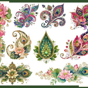 K&ouml;nnte beinhalten: Eine Sammlung digitaler Illustrationen mit komplexen Paisley-Mustern, leuchtenden Pfauenfedern und zarten rosa Lotusbl&uuml;ten. Die Designs enthalten goldene Akzente, tiefe Gr&uuml;nt&ouml;ne und leuchtende Magentafarben in verschiedenen floralen Formen.