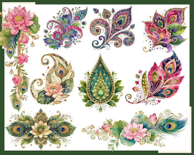 K&ouml;nnte beinhalten: Eine Sammlung digitaler Illustrationen mit komplexen Paisley-Mustern, leuchtenden Pfauenfedern und zarten rosa Lotusbl&uuml;ten. Die Designs enthalten goldene Akzente, tiefe Gr&uuml;nt&ouml;ne und leuchtende Magentafarben in verschiedenen floralen Formen.