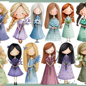 May include: Watercolor illustration of eleven cartoon girls, each holding flowers. The girls have different hairstyles and wear dresses in various colors, including blue, purple, green, and pink. The flowers are also in different colors.