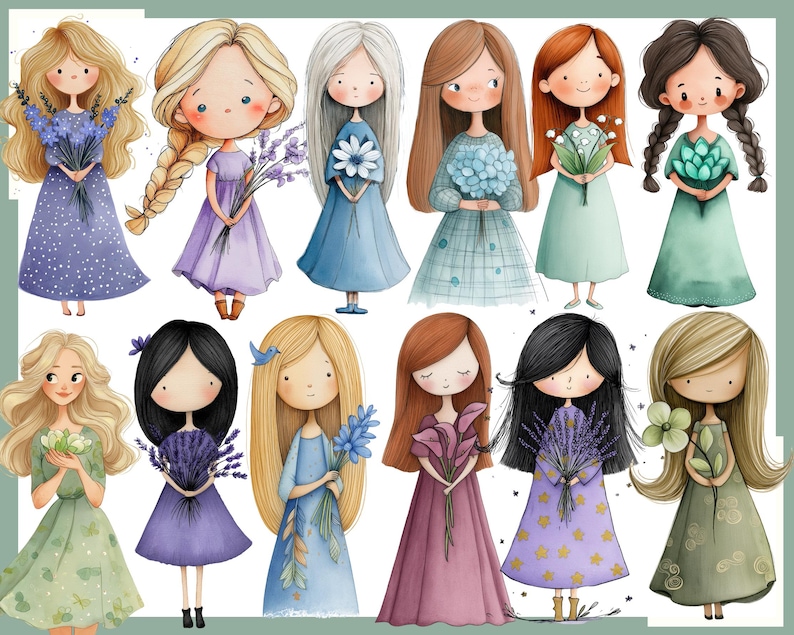 May include: Watercolor illustration of eleven cartoon girls, each holding flowers. The girls have different hairstyles and wear dresses in various colors, including blue, purple, green, and pink. The flowers are also in different colors.