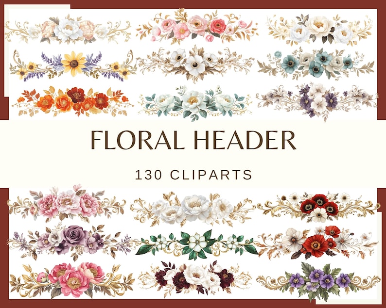 Watercolor Floral Header Clipart: PNG Flower Borders (digital Download ...