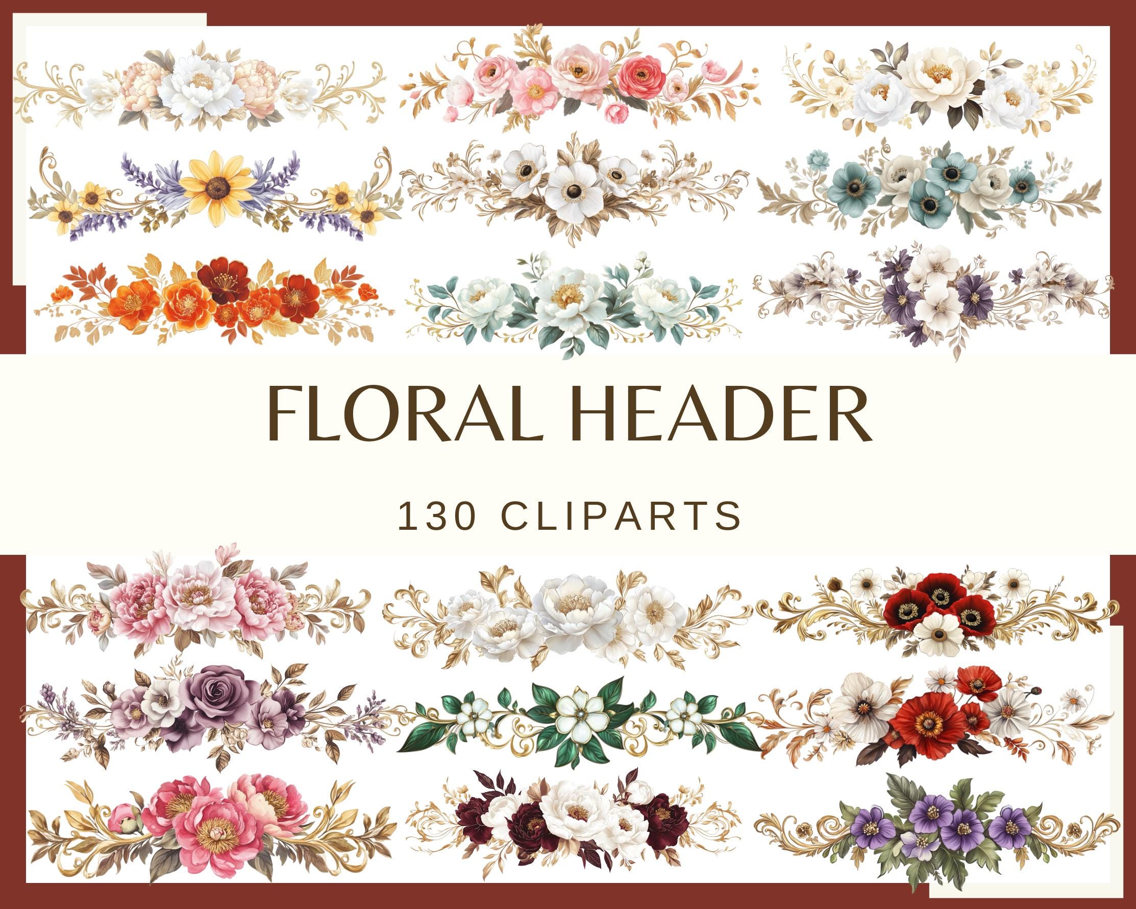 Watercolor Floral Header Clipart: PNG Flower Borders (digital Download ...
