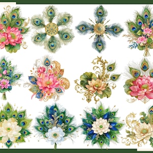 K&ouml;nnte beinhalten: Eine Sammlung von zw&ouml;lf digitalen Illustrationen mit Arrangements aus leuchtend rosa, wei&szlig;en und cremefarbenen Lotusbl&uuml;ten, kombiniert mit irisierenden Pfauenfedern, goldenen Filigranakzenten und gr&uuml;nem Blattwerk auf wei&szlig;em Hintergrund.