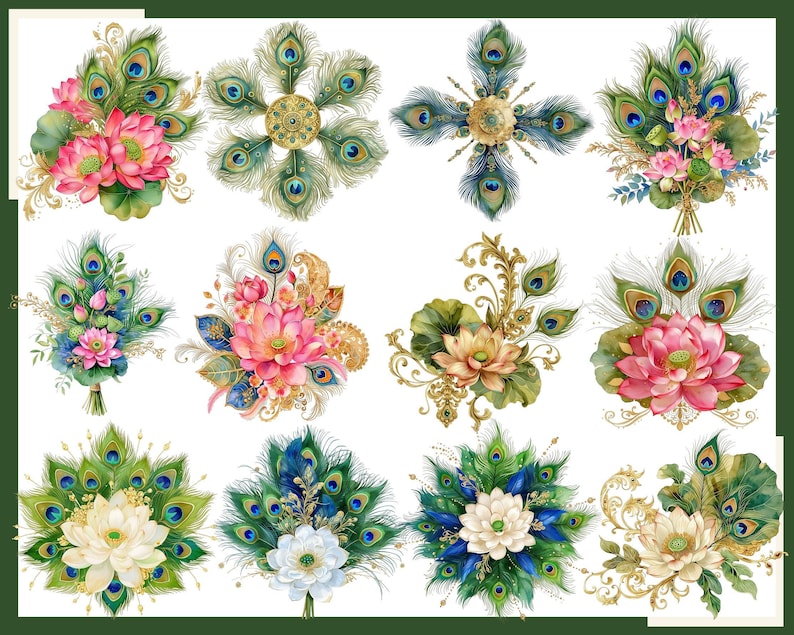 K&ouml;nnte beinhalten: Eine Sammlung von zw&ouml;lf digitalen Illustrationen mit Arrangements aus leuchtend rosa, wei&szlig;en und cremefarbenen Lotusbl&uuml;ten, kombiniert mit irisierenden Pfauenfedern, goldenen Filigranakzenten und gr&uuml;nem Blattwerk auf wei&szlig;em Hintergrund.