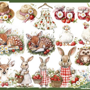 K&ouml;nnte beinhalten: Aquarellillustrationen mit Erdbeermotiv. Die Abbildung zeigt Strohh&uuml;te, ein Kleid, Marmeladengl&auml;ser, Rehe, H&uuml;hner, Kaninchen und einen Igel, umgeben von Erdbeeren und G&auml;nsebl&uuml;mchen.