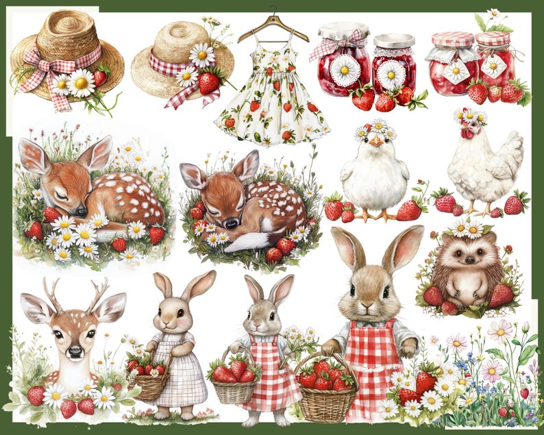 K&ouml;nnte beinhalten: Aquarellillustrationen mit Erdbeermotiv. Die Abbildung zeigt Strohh&uuml;te, ein Kleid, Marmeladengl&auml;ser, Rehe, H&uuml;hner, Kaninchen und einen Igel, umgeben von Erdbeeren und G&auml;nsebl&uuml;mchen.