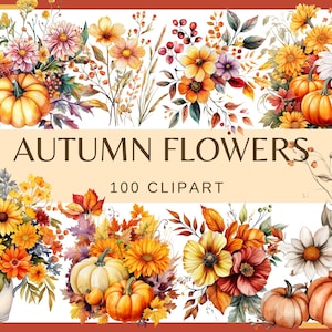 HERBSTBLÜTEN - 100 Clip-Arts (300 dpi, kommerzielle Nutzung, Blumen in Vase, Herbstdeko, Floral, Natur, PNG, Kürbiskranz)