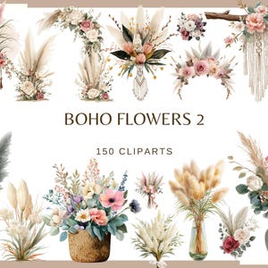 May include: A collection of watercolor floral clip art in a boho style. The image features various bouquets, arrangements, and individual flowers in soft, muted colors. Text reads "BOHO FLOWERS 2" and "150 CLIPARTS".