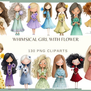 May include: A collection of whimsical girl clip art illustrations, each holding flowers and wearing dresses in various colors. The image includes the text "WHIMSICAL GIRL WITH FLOWER" and "130 PNG CLIPARTS".