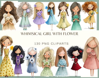 Whimsical Girl With Flower: 130 PNG, 300 DPI Floral Girl Illustrations Scrapbooking, Planner Stickers, Nursery Decor (Commercial Use)