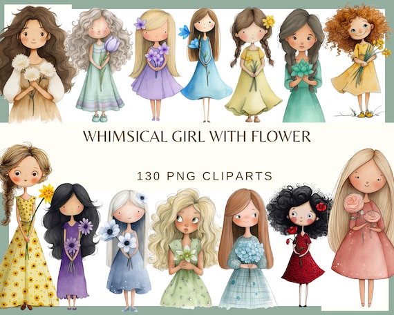 Whimsical Girl With Flower: 130 PNG, 300 DPI Floral Girl Illustrations Scrapbooking, Planner Stickers, Nursery Decor (Commercial Use)