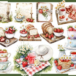 K&ouml;nnte beinhalten: Aquarell-Illustration mit verschiedenen Picknick-Elementen. Enth&auml;lt Schalen mit Erdbeeren, Brotscheiben, Teetassen, Pfannkuchen, einen Hut und ein Glas rosa Limonade. G&auml;nsebl&uuml;mchen und Kerzen tragen zur charmanten, rustikalen &Auml;sthetik bei.