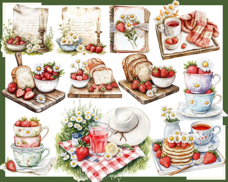 K&ouml;nnte beinhalten: Aquarell-Illustration mit verschiedenen Picknick-Elementen. Enth&auml;lt Schalen mit Erdbeeren, Brotscheiben, Teetassen, Pfannkuchen, einen Hut und ein Glas rosa Limonade. G&auml;nsebl&uuml;mchen und Kerzen tragen zur charmanten, rustikalen &Auml;sthetik bei.