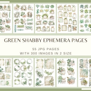 May include: A collection of digital ephemera pages with a green shabby chic aesthetic. The image showcases various designs, including tags, envelopes, and floral arrangements. The text reads "Green Shabby Ephemera Pages" and details the number of pages and images.
