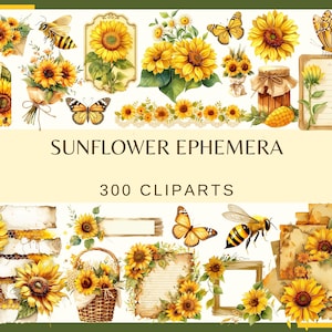 Può includere: Una collezione di elementi di clip art di girasoli ad acquerello, tra cui girasoli, farfalle, api e carta decorativa. Il testo "SUNFLOWER EPHEMERA" e "300 CLIPARTS" sono visualizzati. La tavolozza dei colori include giallo, marrone e verde.