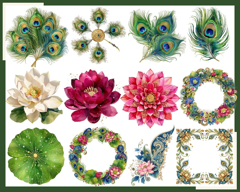 K&ouml;nnte beinhalten: Eine Sammlung digitaler Illustrationen mit Pfauenfedern, Lotusblumen und Blumenkr&auml;nzen. Das Set enth&auml;lt einzelne Federn, eine wei&szlig;e Lotusblume, eine dunkelrosa Lotusblume, eine rosa Dahlie, kreisf&ouml;rmige Kr&auml;nze und dekorative Rahmen.