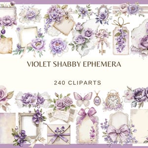 Puede incluir: Una colección digital de elementos de clip art con temática violeta. La imagen presenta varios arreglos florales, marcos, etiquetas y elementos decorativos en tonos de morado, lavanda y blanco. El texto dice "VIOLET SHABBY EPHEMERA" y "240 CLIPARTS".