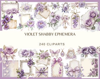 Shabby Violet Ephemera: 240 PNG, 300 DPI (jedes Bild auf einer Seite mit transparentem Hintergrund, Kommerzielle Nutzung)