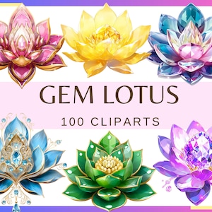 Può includere: Un set di 100 immagini clipart di loto gemma. Le immagini presentano fiori di loto colorati con centri gioiello. I fiori sono di vari colori, tra cui rosa, giallo, blu, verde e viola.
