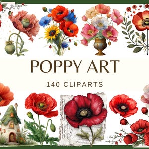 ポピー アート - 140 個のクリップ アート (300 dpi、商用利用可、芸術的で写実的な植物、抽象的、気まぐれなスタイル、花柄の PNG ポピー)