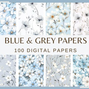 Könnte beinhalten: Ein digitales Papierpaket mit 100 blauen und grauen Blumenmustern. Die Muster zeigen weiße Blumen mit blauen und grauen Akzenten auf hellblauem Hintergrund. "BLUE & GREY PAPERS 100 DIGITAL PAPERS" steht in brauner Schrift auf weißem Hintergrund.