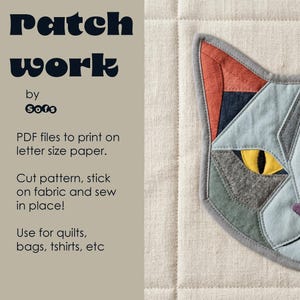 Peut inclure: Un visage de chat en patchwork géométrique, avec des nuances de bleu, gris, orange et violet, avec des yeux jaunes. Le motif est sur un fond matelassé. Le texte à gauche indique "Patch work by Goto" et des instructions d'utilisation.