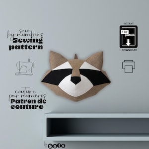 かわいい顔のアライグマの型紙｜21インチ｜数字で縫う｜PDF形式の即時デジタルダウンロード｜リサイクル生地を使用