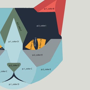 K&ouml;nnte beinhalten: Geometrisches Katzengesicht-Design mit verschiedenen Farbbl&ouml;cken. Das Design zeigt Farbt&ouml;ne von Blau, Grau, Orange und Rot, mit Textbeschriftungen, die Farbvariationen angeben. Die Gesamtform ist eine stilisierte Darstellung eines Katzengesichts.