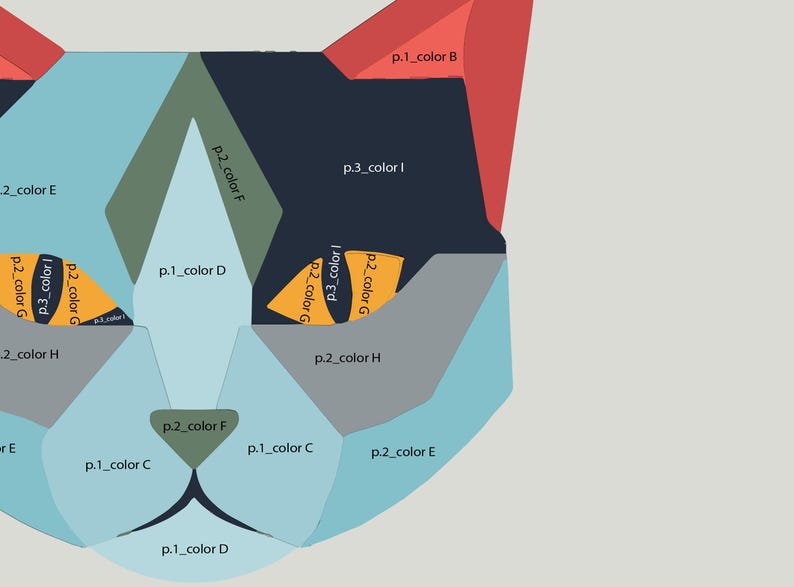 K&ouml;nnte beinhalten: Geometrisches Katzengesicht-Design mit verschiedenen Farbbl&ouml;cken. Das Design zeigt Farbt&ouml;ne von Blau, Grau, Orange und Rot, mit Textbeschriftungen, die Farbvariationen angeben. Die Gesamtform ist eine stilisierte Darstellung eines Katzengesichts.