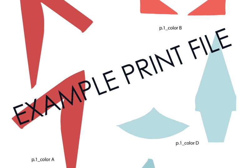 K&ouml;nnte beinhalten: Wei&szlig;er Hintergrund mit abstrakten Formen in Rot und Hellblau. Der Text "EXAMPLE PRINT FILE" ist diagonal in Schwarz gedruckt. Die Formen sind mit "p.1_color A", "p.1_color B" und "p.1_color D" beschriftet.